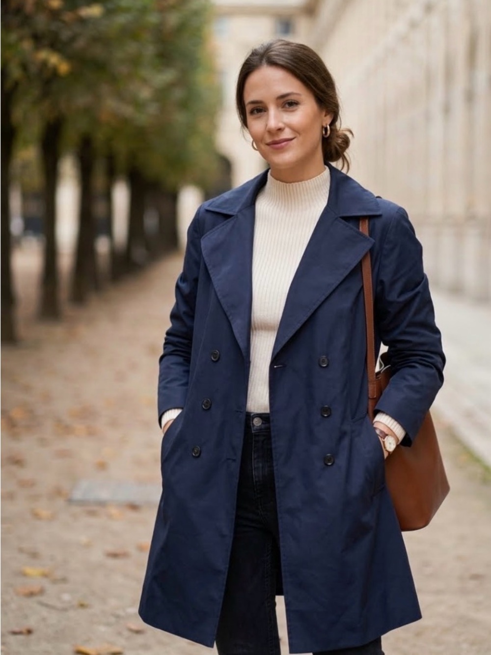Women's Navy Double-Breasted Trench Coat - Elegant Everyday Layer